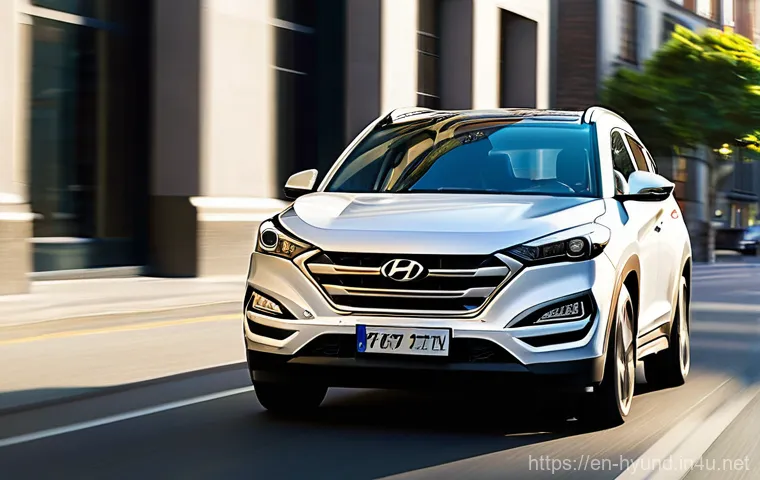 현대 투싼의 장기 시승기 - **Urban Family Commute: Smooth Operator**
"A realistic, cinematic shot of a modern 2025 Hyundai ...