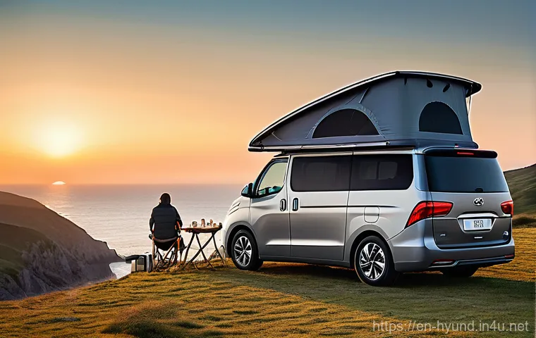현대 스타리아의 캠핑카 변환 사례 - **Prompt: Hyundai Staria Camper Van - Scenic Coastal Sunset**
"A sleek Hyundai Staria camper van...