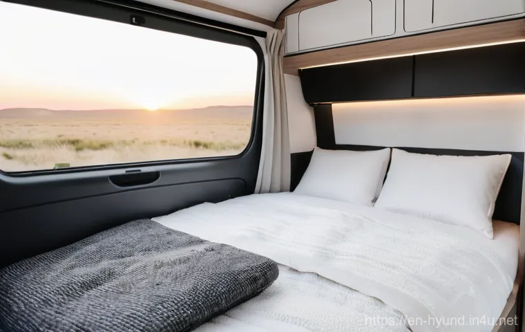 현대 스타리아의 캠핑카 변환 사례 - **Prompt: Staria Camper Interior - Functional Kitchen & Living Space**
    "The interior of a modern...