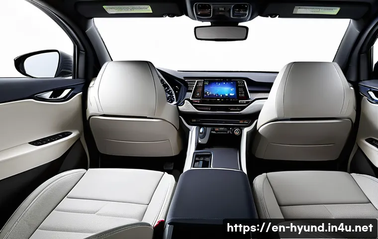 현대 아이오닉 5의 실내 공간 - **Prompt: "An ultra-modern and spacious interior of a Hyundai Ioniq 5, viewed from the rear passenge...