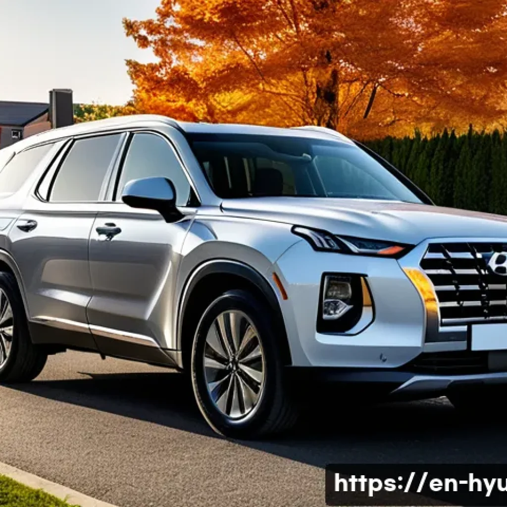 현대 팰리세이드의 유지비 계산 - A sleek Hyundai Palisade midsize SUV parked on a suburban street during golden hour, with a clear vi...