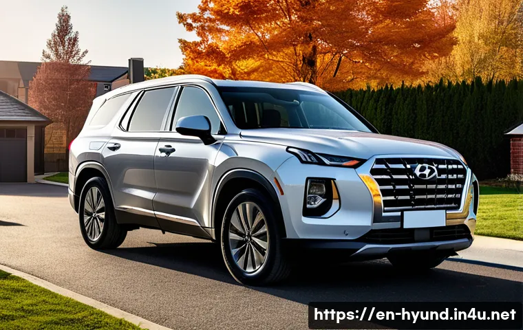 현대 팰리세이드의 유지비 계산 - A sleek Hyundai Palisade midsize SUV parked on a suburban street during golden hour, with a clear vi...