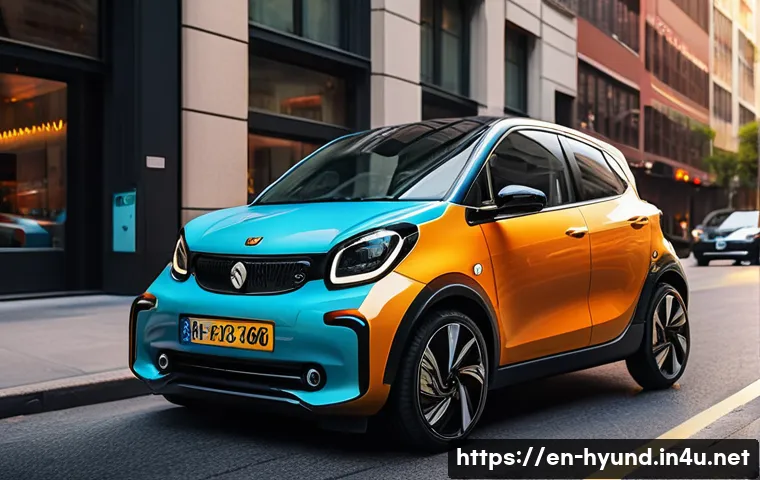 현대 캐스퍼와 기아 레이 비교 - A dynamic urban scene featuring two compact city cars parked side by side on a bustling metropolitan...