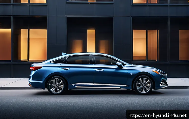 현대 쏘나타와 현대 아반떼 중고 시세 - A sleek, modern Hyundai Sonata midsize sedan parked on a city street during golden hour, showcasing ...