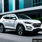 Home 19 현대 투싼 플러그인 하이브리드 출시 소식 - A sleek Hyundai Tucson Plug-In Hybrid driving smoothly through a modern urban environment at sunset,...