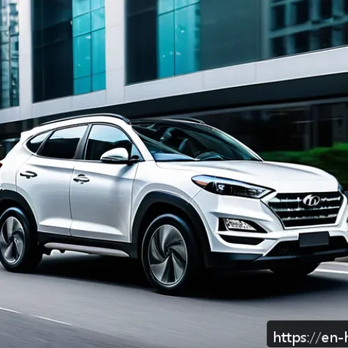 Home 31 현대 투싼 플러그인 하이브리드 출시 소식 - A sleek Hyundai Tucson Plug-In Hybrid driving smoothly through a modern urban environment at sunset,...