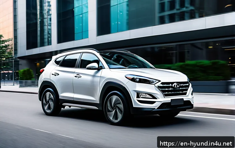 현대 투싼 플러그인 하이브리드 출시 소식 - A sleek Hyundai Tucson Plug-In Hybrid driving smoothly through a modern urban environment at sunset,...
