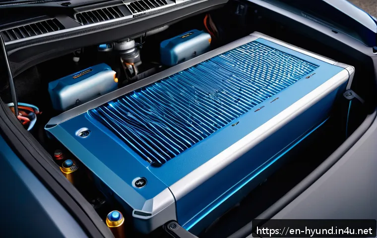 현대 코나 전기차의 충전 시간 - A detailed close-up of the Hyundai Kona Electric&rsquo;s battery pack inside the vehicle, showcasing the a...