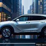 Home 23 현대 넥쏘 수소전기차의 장단점 - A sleek Hyundai Nexo hydrogen fuel cell SUV driving smoothly through a modern urban cityscape at daw...