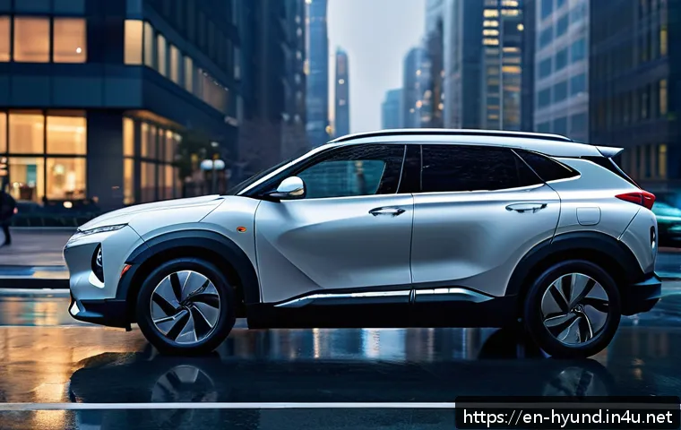 현대 넥쏘 수소전기차의 장단점 - A sleek Hyundai Nexo hydrogen fuel cell SUV driving smoothly through a modern urban cityscape at daw...