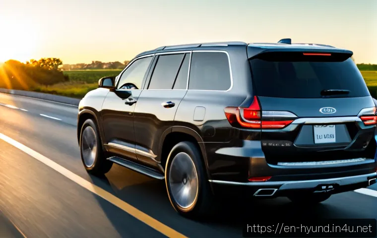 현대 싼타페의 최신 안전 기능 - Photorealistic modern midsize family SUV driving safely along a clean suburban road at golden hour, ...